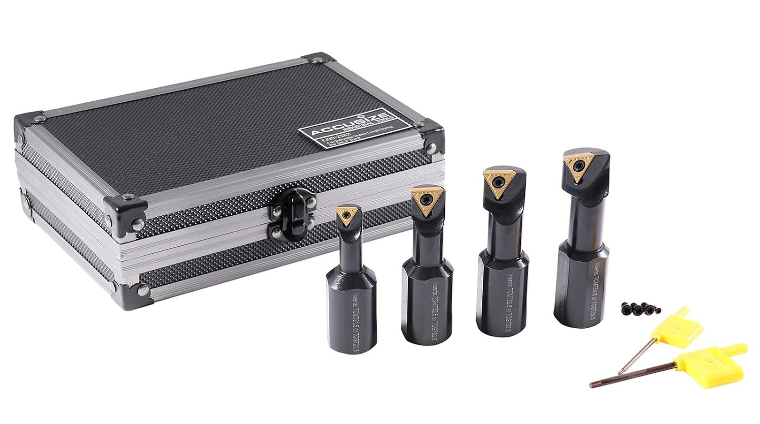 Accusize Industrial Tools 1' 4pc Indexable Stubby Length Boring Bar Set, w/Carbide TiN Coated TCMT Inserts and Extra Screws, EJ99-2182 | TCMT Inserts, Carbide, TiN Coated, Mini Bore 1/2 in-1-1/4 in, Max Bore 1-5/16 in-1-31/32 in, OAL 2-15/16 in-3-19/32 in