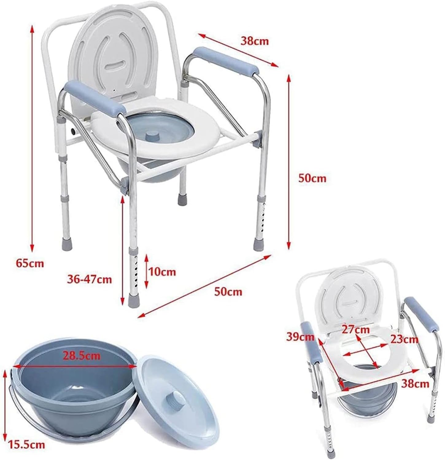 Folding Toilet Seat Chair Portable Bedside Commode, Height Adjustment Extra Wide with Bucket Splash Guard Heavy Duty Adult Bathroom Pail Fits Toilet Chair