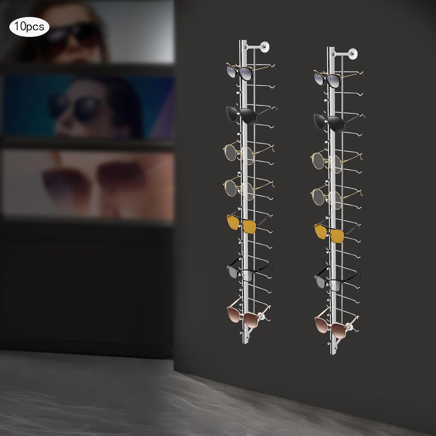 10 Pcs Aluminum Eyeglass Display Rod, Wall Mount Sunglasses Display Stand Holder Organizer for Optical Store & Home Use (48 Inch, Hold 16 Frames)
