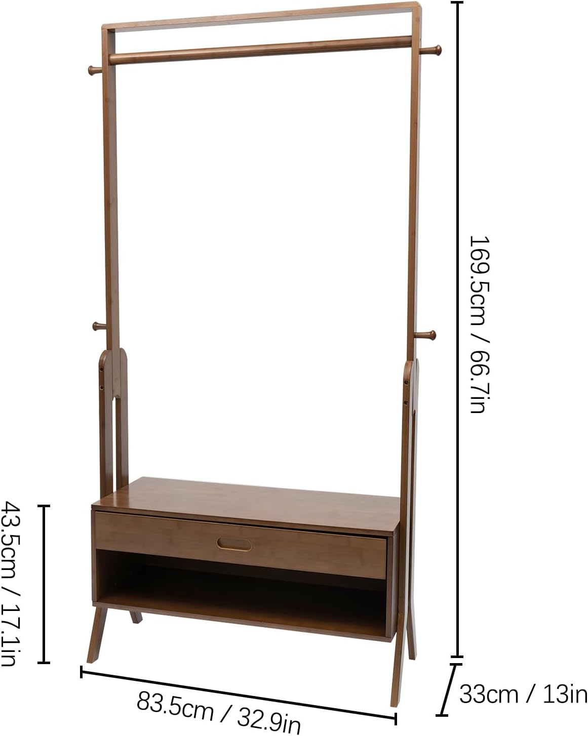 Bamboo Garment Rack with Drawers, Freestanding Wooden Clothing Rack with Hooks, Heavy Duty Coat Rack with Shelves Multifunctional Open Wardrobe Closet Organizer for Entryway Bedroom Indoor (A)