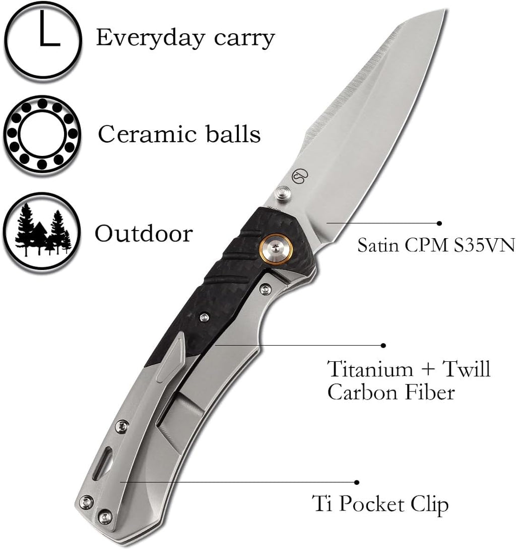 KANSEPT Weim Pocket Folding Knives for Men EDC Camping Folding Knife 3.28'' Satin CPM S35VN Material Pocket Folding Knife with Titanium + Twill Carbon Fibe Handle K1051A1