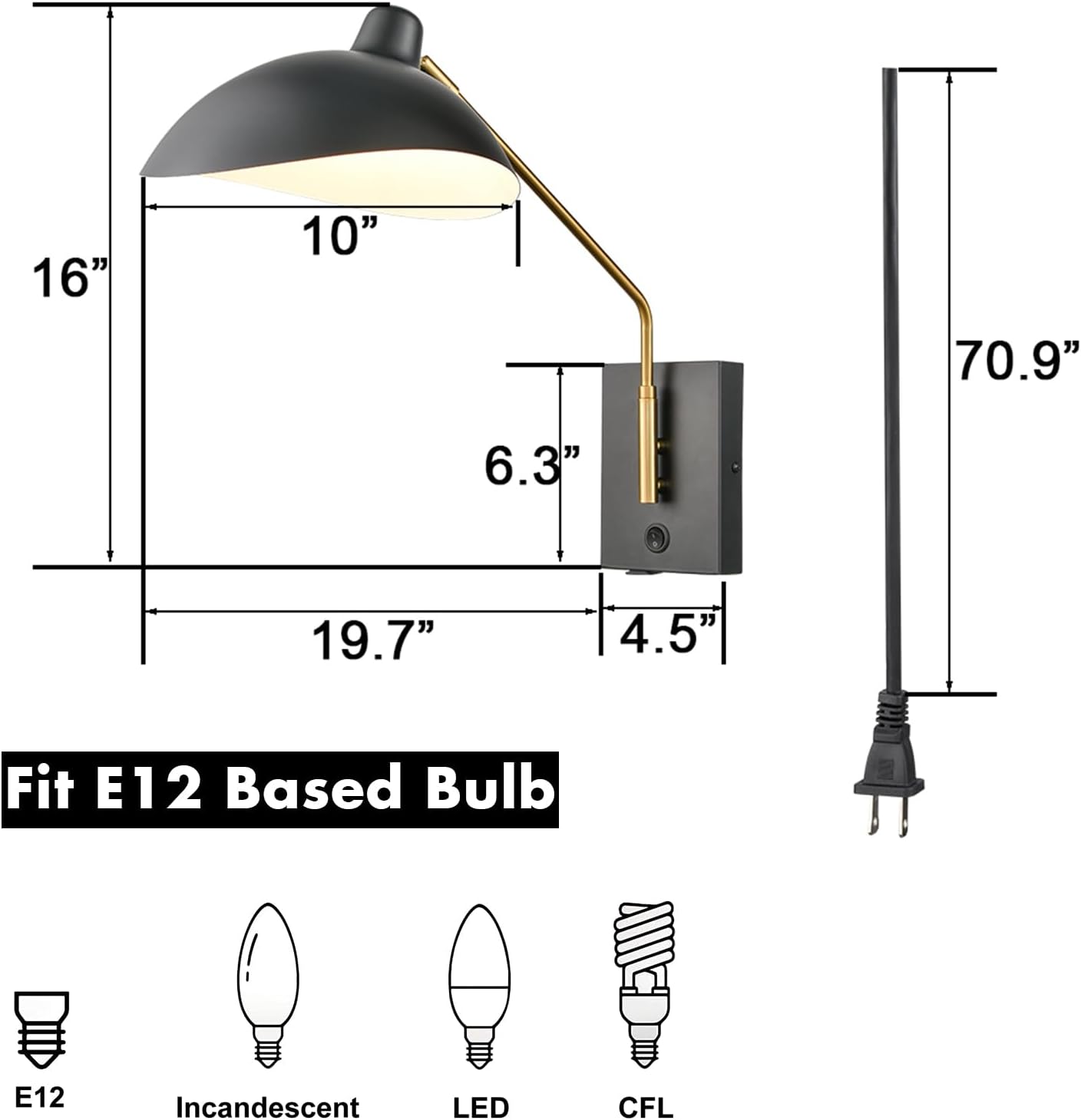 CLAXY Plug in Wall Sconces Swing Arm Wall Mounted Lighting Matte Black | E12 Home Wall Lights with USB Charge Port-Set of 2, Plug in or Hardwired Wall Mounted Lights for Bedroom Reading Room Living