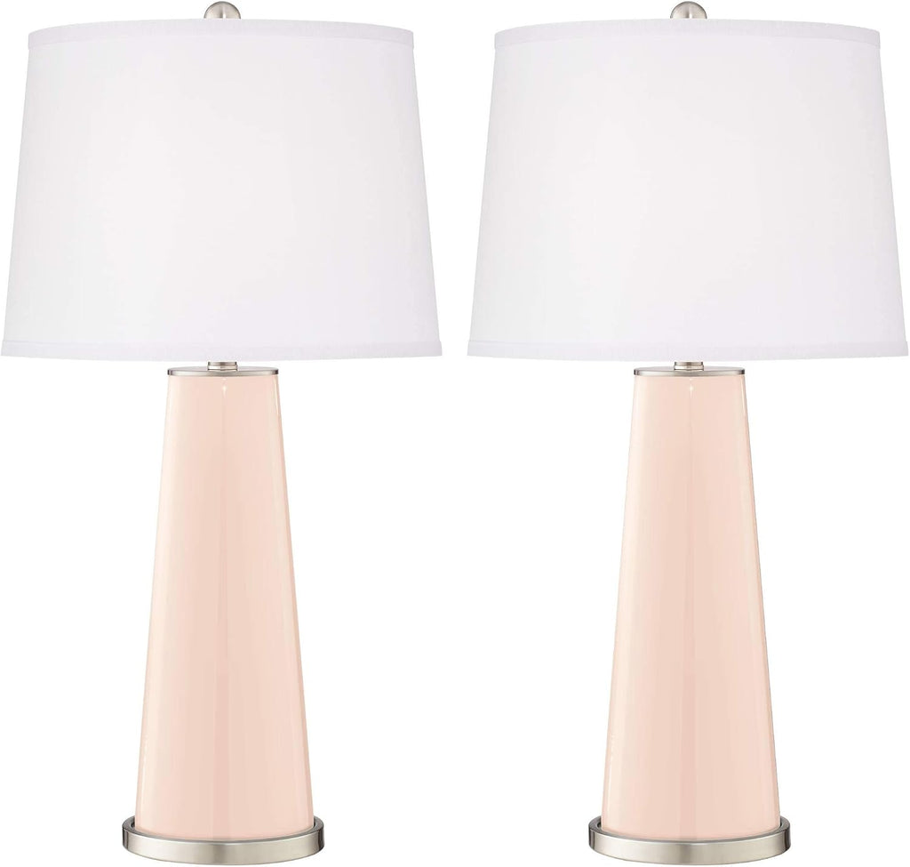 Color + Plus Leo 29 1/2' Tall Cylinder Modern End Table Lamps Set of 2 Linen Pink Brushed Nickel Finish Glass Fabric White Shade Living Room Bedroom Bedside Nightstand House Office Home Reading