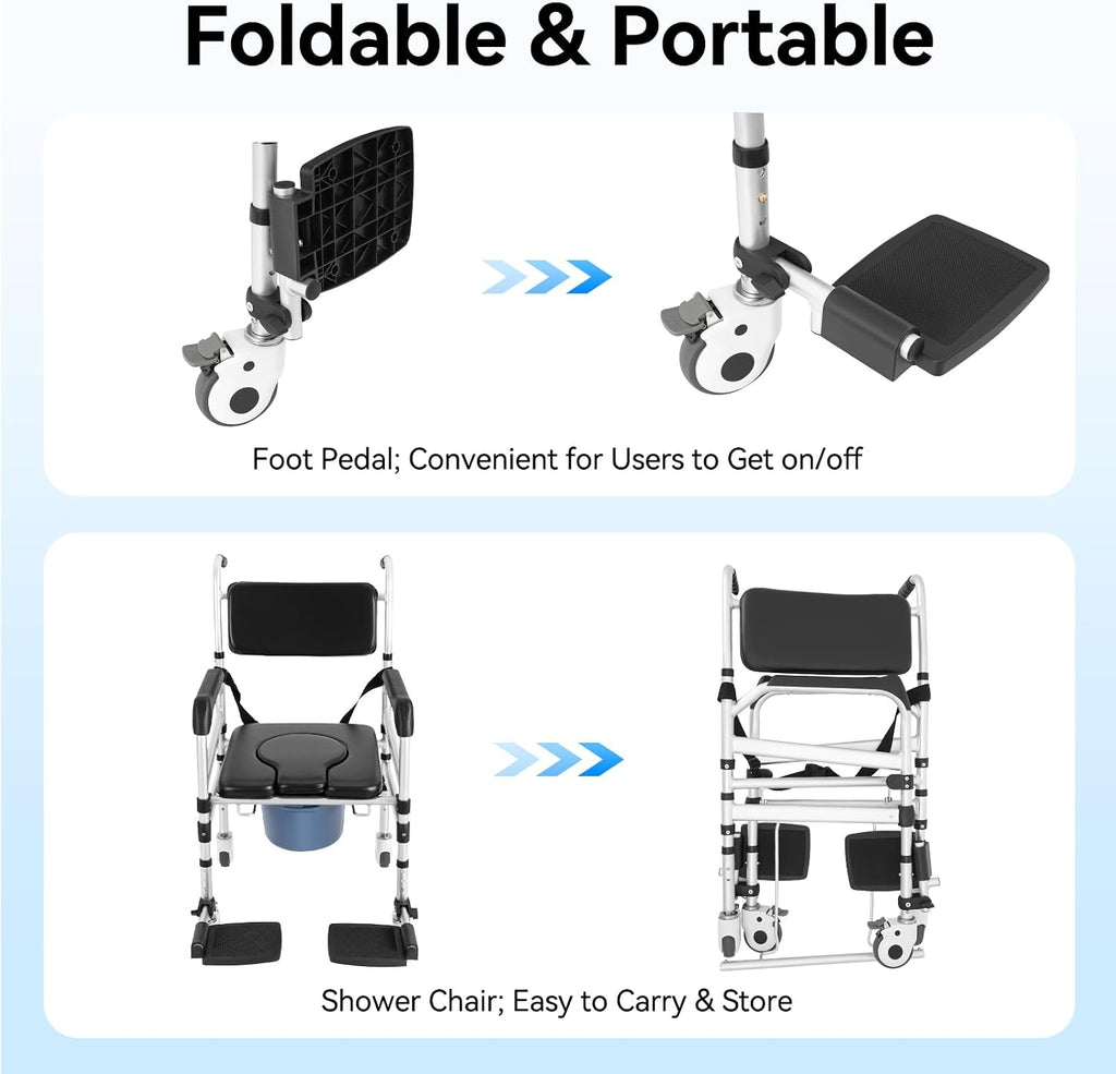 Shower Chair, Rolling Shower Chair with Handles Arms, Bedside Commode Chair with Wheel, Wheelchair for Elderly Disable,Heavy Duty Raised Toilet Seat Riser for Adults