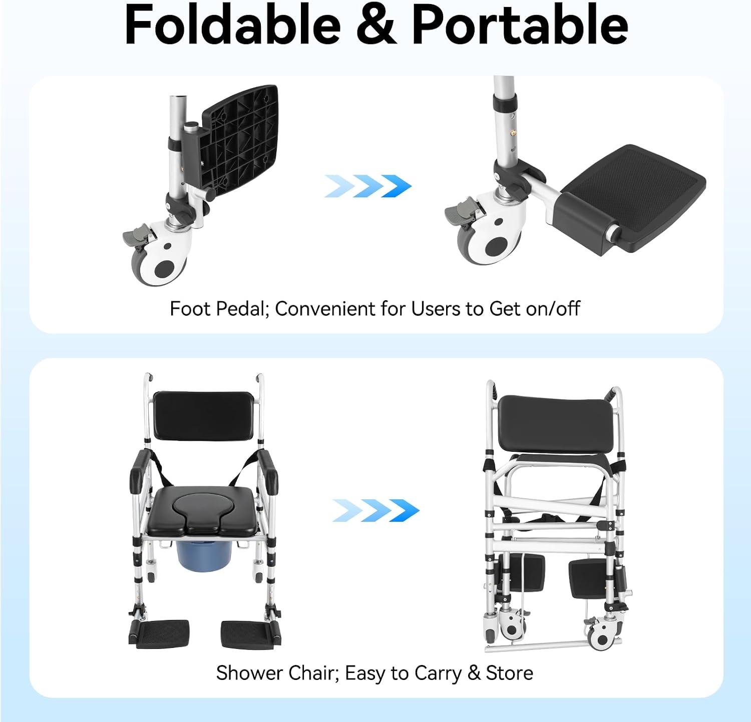 Shower Chair, Rolling Shower Chair with Handles Arms, Bedside Commode Chair with Wheel, Wheelchair for Elderly Disable,Heavy Duty Raised Toilet Seat Riser for Adults