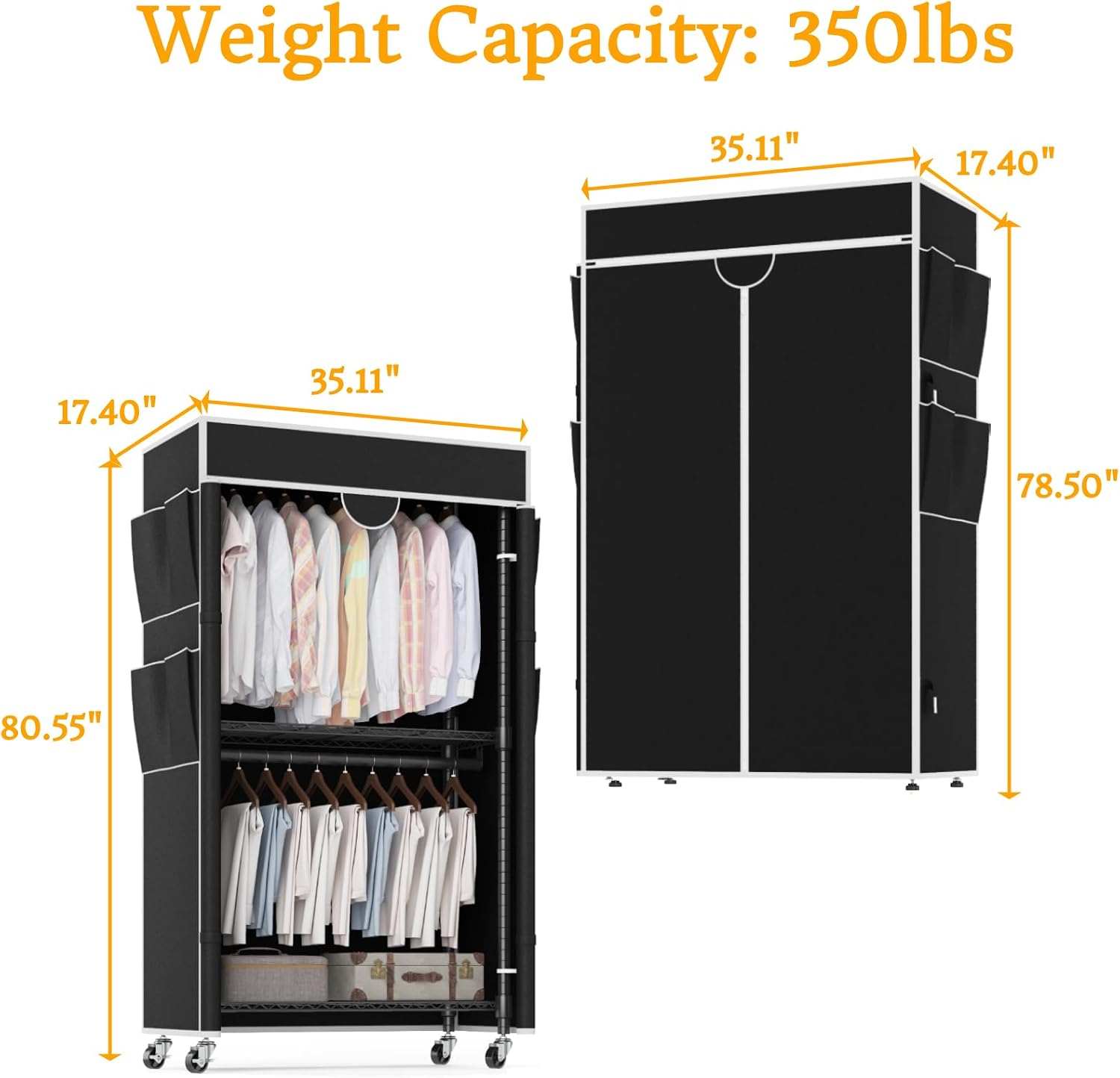 Homdox Garment Rack with Cover, Heavy Duty Clothing Rack for Hanging Clothes, Portable Closet Wardrobe, Double Rods Garment Rack with wheels, 35.1' W x 17.4' D x 80.6' H, Black