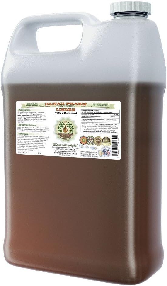 Hawaii Pharm Linden Alcohol-Free Liquid Extract, Professional Grade, Small Batch Linden (Tilia x Europaea) Dried Leaf and Flower Glycerite 64 oz