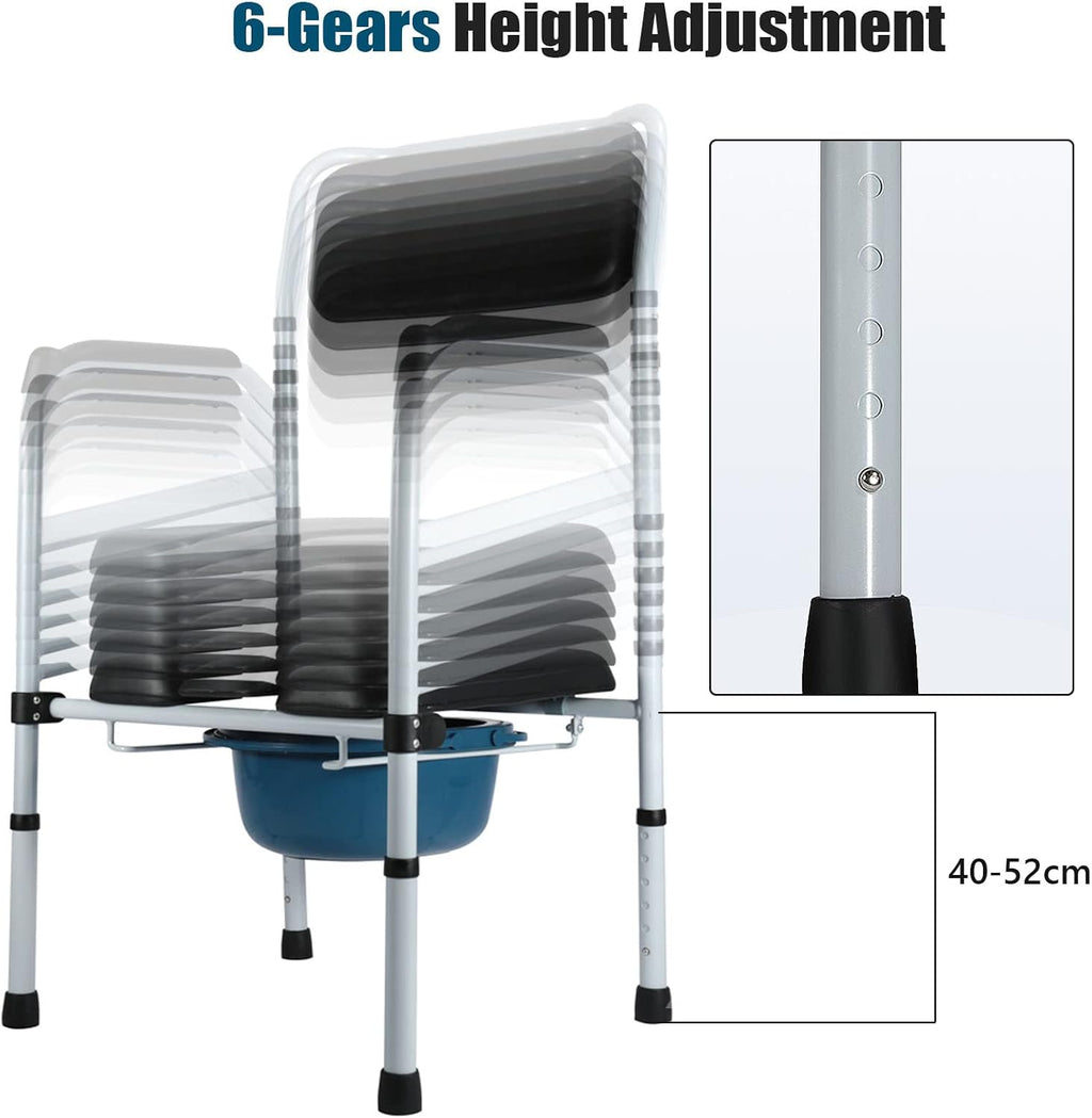 Raised Toilet Seat with Handles and Back, Bedside Commode Chair 6-Gears Height Adjustable Heavy Duty Shower Chair for Adults, Senior, Elderly,Handicap, Disabled
