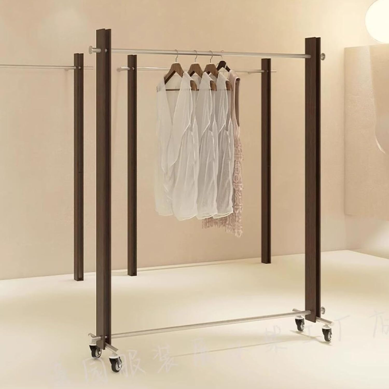 XPLKQXE Clothing Store Rolling Garment Rack with Wheel, Commercial Clothes Display Stand, Portable Standing Clothes Garment Rack, Standing Closet, Metal and Wood(Brown,100x40x170cm)