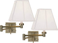Barnes and Ivy Modern Swing Arm Wall Lamps Set of 2 Dark Antique Brass Gold Metal Plug-in Light Fixture Set of 2 Ivory Square Shade for Bedroom Bedside House Reading Living Room Home Hallway