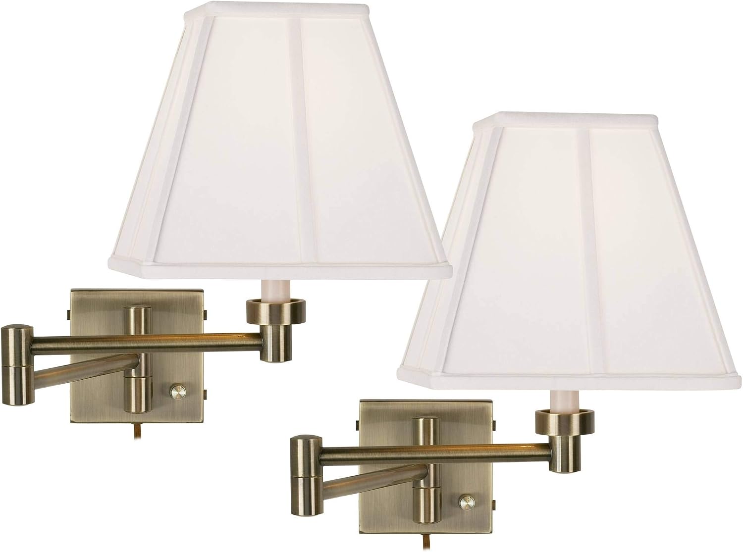 Barnes and Ivy Modern Swing Arm Wall Lamps Set of 2 Dark Antique Brass Gold Metal Plug-in Light Fixture Set of 2 Ivory Square Shade for Bedroom Bedside House Reading Living Room Home Hallway