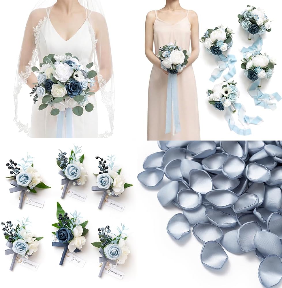 Ling's moment Wedding Artificial Flowers Package, Bridal Bouquet, Bridesmaid Bouquets, Boutonniere for Men, Rose Petals.Blue