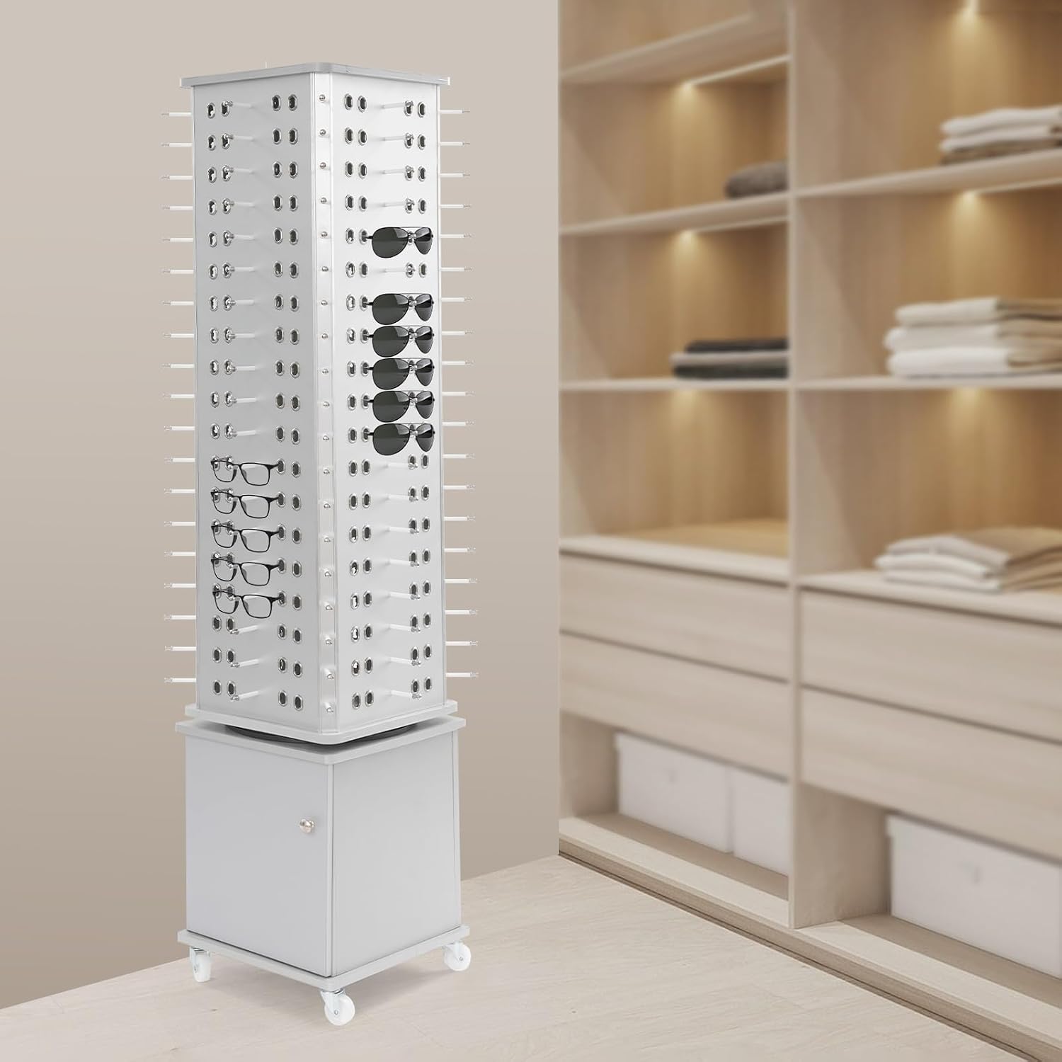 Glasses Storage Display Stand 152 pairs, 360° Rotating Floor-standing Sunglasses Display Rack with 4 Wheels, Commercial Modern Eyewear Storage Organizer, for Retail Shop