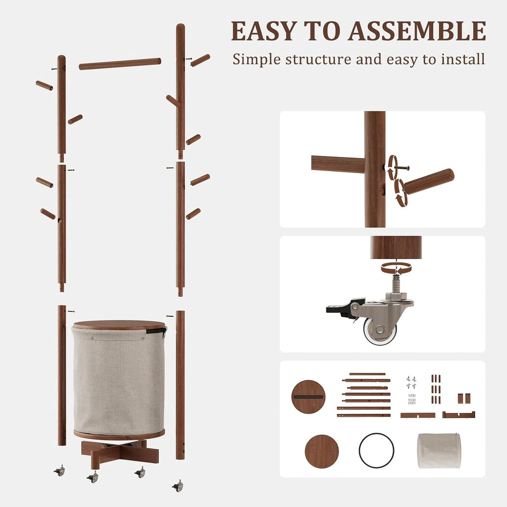 CycleCrew Solid Wood Coat Rack with Fabric Basket - Freestanding Coat Rack Rolling Coat Tree with 9 Hooks Wheels, Small Clothes Rack For Entryway Bedroom Hallway Living Room
