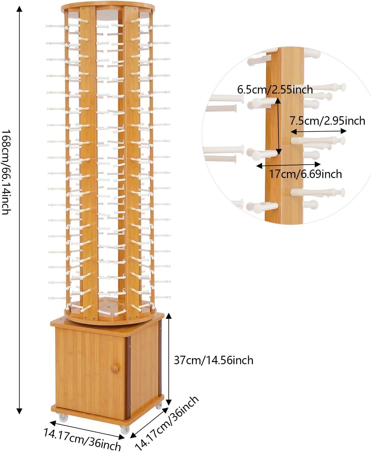 Sunglasses Display Rack, 108 Pairs Glasses Rack, 360° Rotating Eyeglasses Storage Organizer, Floor-standing Eyewear Holder, Glasses Display Stand with Storage Cabinet & Wheels, Wood Color