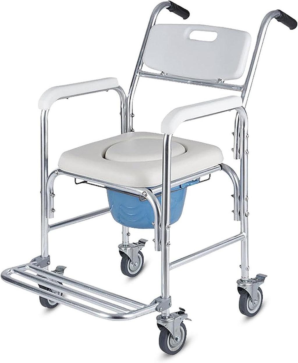 3-in-1 Shower Commode Wheelchair, Comfortable Padded Seat, Lightweight & Waterproof Rolling Over Toilet Chair, Ideal for Homecare, Weight Capacity 330 lbs, White