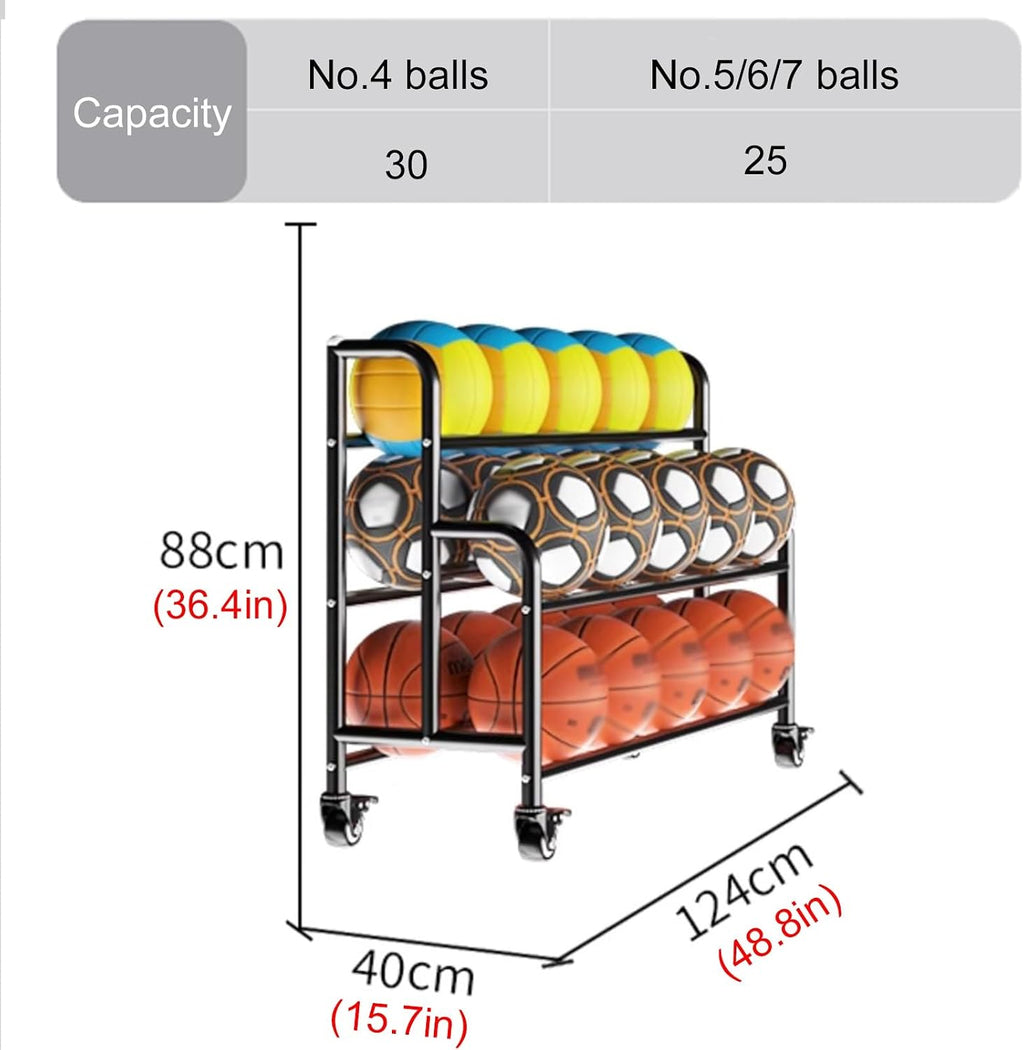 Home Gym Organizer Rack Black Basketball Rack Cart, Lockable Rolling Balls Holder for Gym/Family/Garage/School/Club Display, Freestanding Volleyball Football Organizer Holder