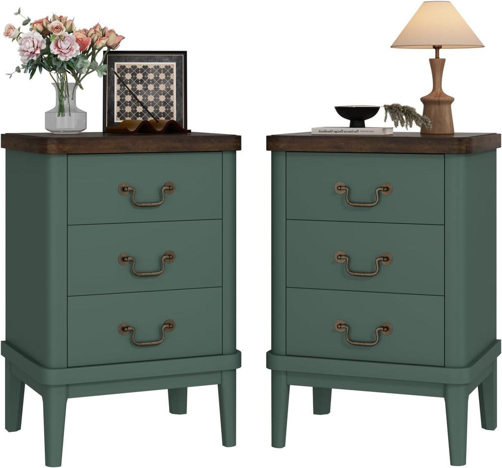 Wnutrees Farmhouse Nightstand with 3 Drawers，Modern Bedside Table with Round Curved Corner and Metal Handles, Wood End Side Table for Living Room, Hallway, Green Set of 2