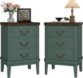 Wnutrees Farmhouse Nightstand with 3 Drawers，Modern Bedside Table with Round Curved Corner and Metal Handles, Wood End Side Table for Living Room, Hallway, Green Set of 2