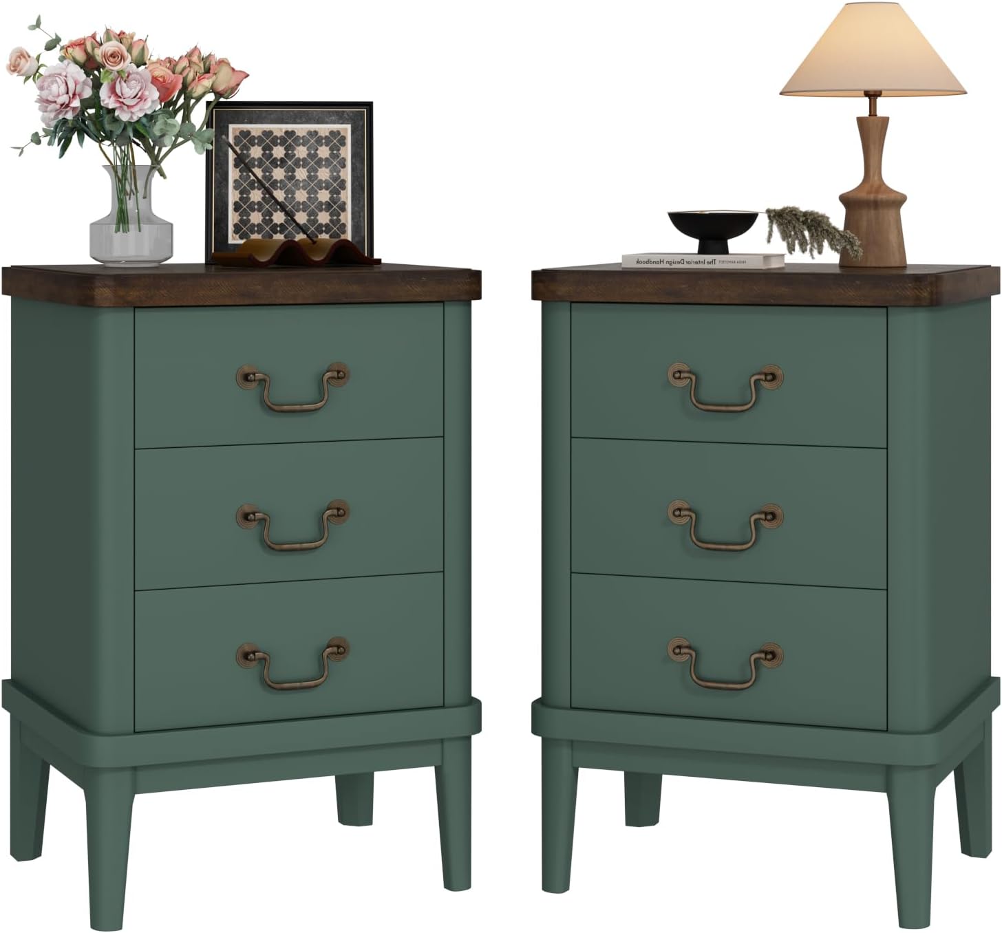 Wnutrees Farmhouse Nightstand with 3 Drawers，Modern Bedside Table with Round Curved Corner and Metal Handles, Wood End Side Table for Living Room, Hallway, Green Set of 2