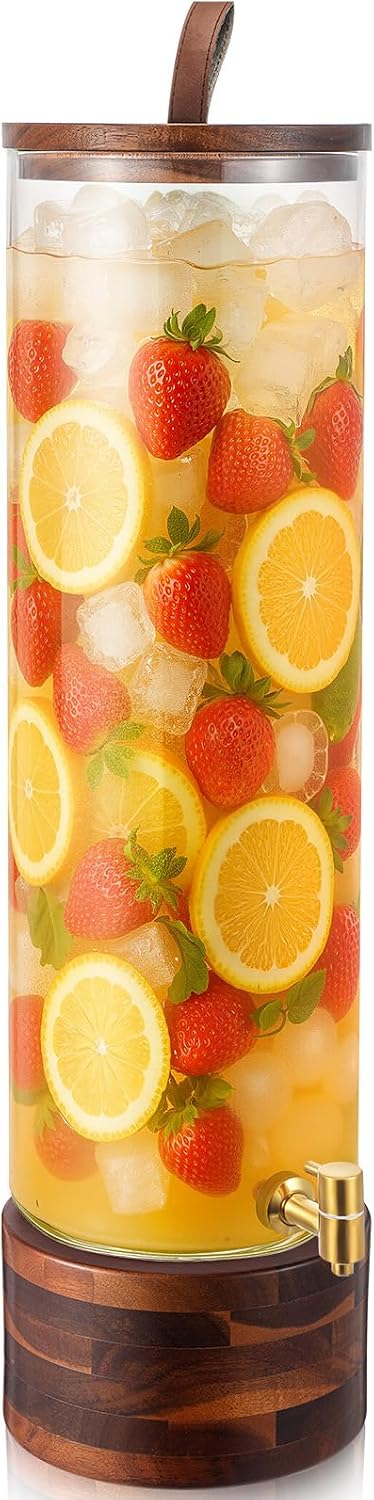 FillTouch 1 Pack 5 Gallon Glass Drink Dispenser with Acacia Wood Stand & Lid,Stainless Steel Spigot ,Large Leak-Proof Drink Beverage Dispenser for Juice Lemonade Sangria Party Weddings Outdoor Events