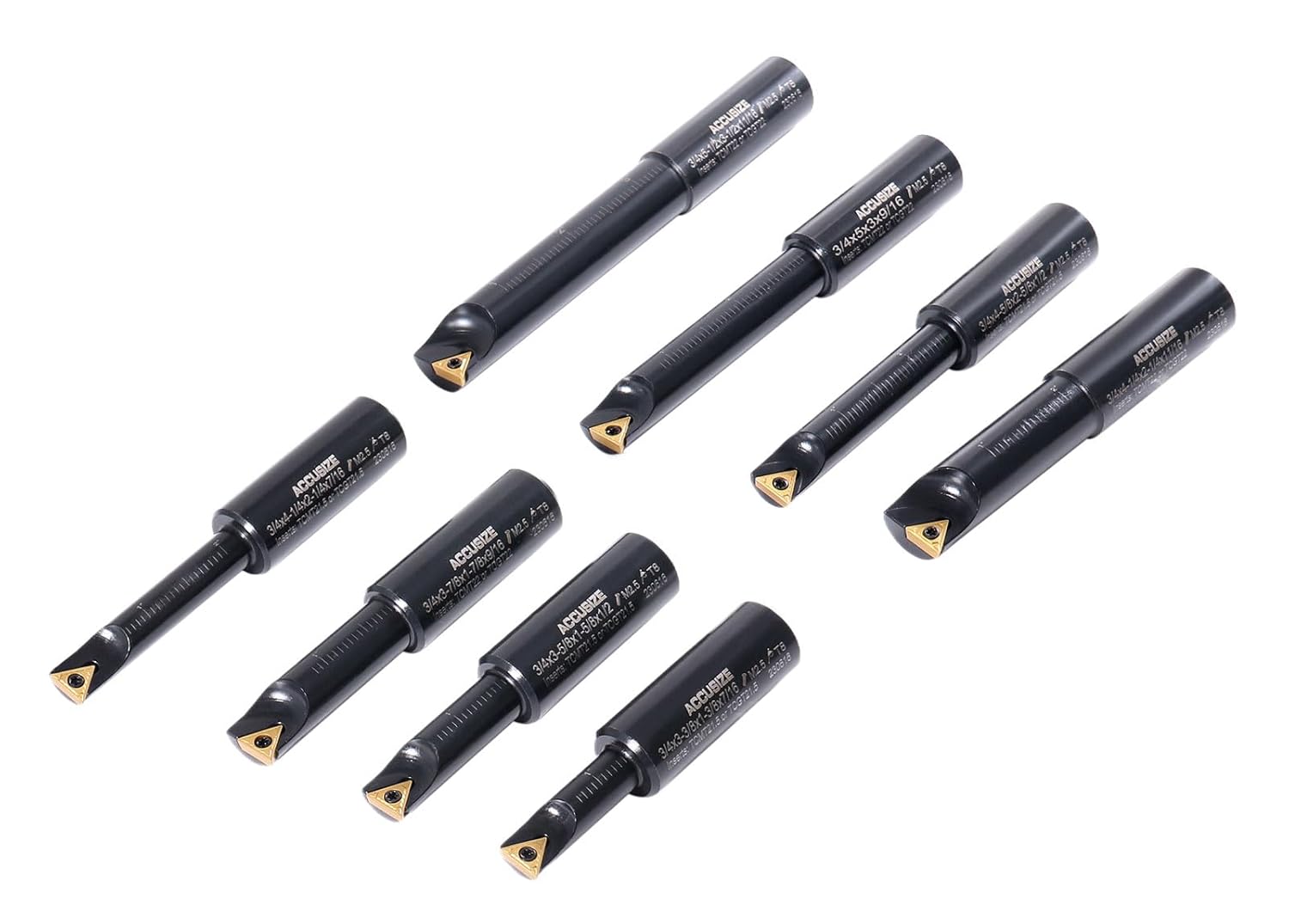 Accusize Industrial Tools Round Shank Indexable Boring Bar, 3/4 in | 8-Piece Set with TCMT 21.5 and TCMT 22 Carbide Inserts, 90 Degree, Bore Depth 1-3/8 in to 3-1/2 in, 2627-9108