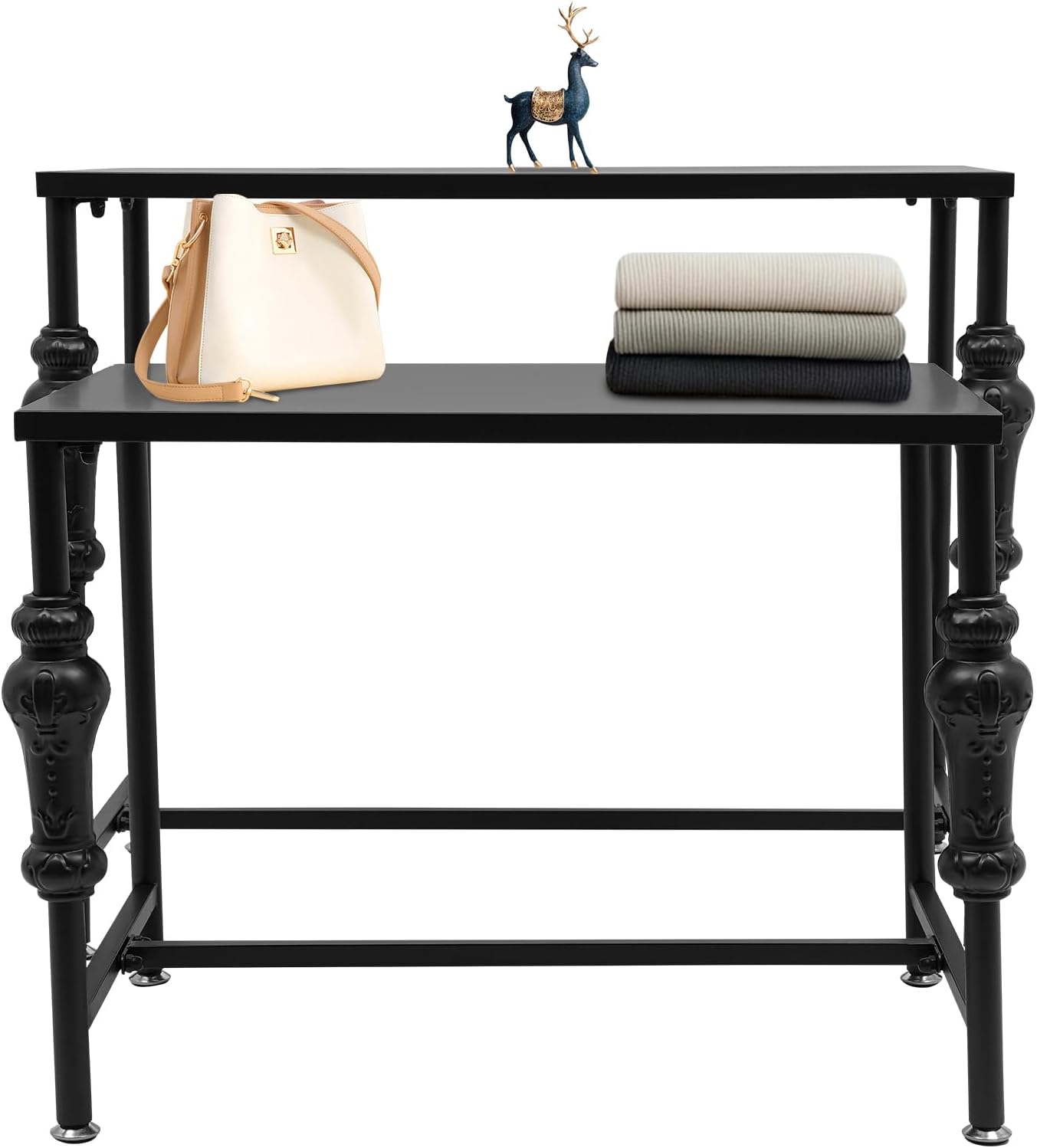 Standing Clothing Shoes Display Rack, 2 Tier Retro Unit Storage Shelves，Metal Handbag Display Stand, Industrial Retail Display Tables with Adjustable Feet, for Retail & Clothing Stores