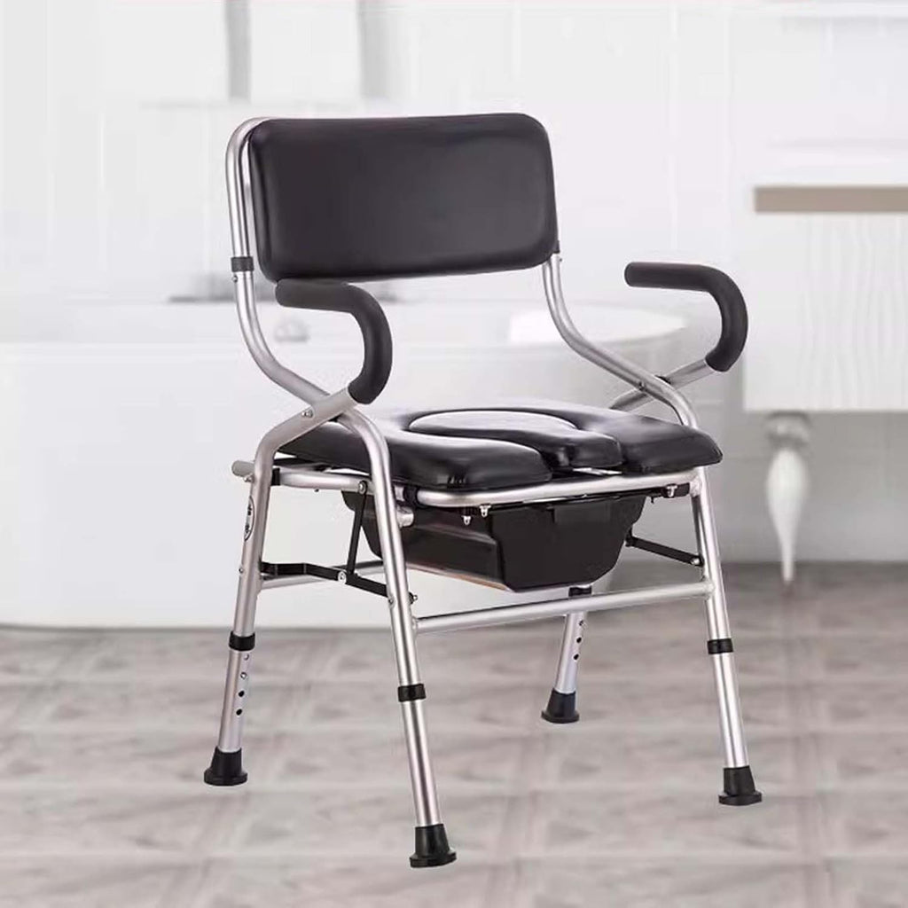 Commode Chair for Seniors, Folding Steel Bedside Commode Chair, Height Adjustable Toilet Shower Chair with Removable Bucket, Easy No Tool Assembly, Bedside Commodes Black