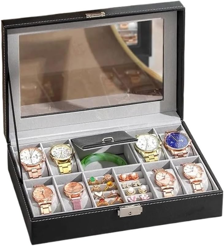 Glasses Stand Watch Box, 8 Jewelry Box Watch Display Case Organizer Jewelry Storage Box Black PU Leather with Mirror and Lock Eyewear Display Stand
