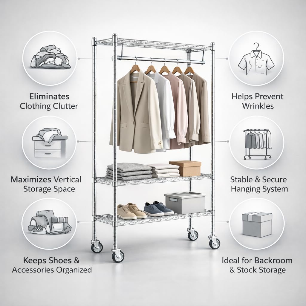 Garment Rack, Chrome Commercial Clothing Rack for Retail, Events & Storage, Adjustable Steel Clothes Rack with High Weight Capacity for Professional Use (Mobile, W18'' x L24'' x H70'')