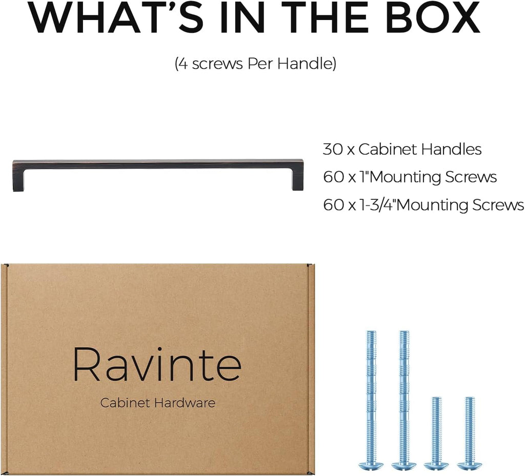 Ravinte 30-Pack 10-Inch Solid Square Cabinet Pulls - Oil-Rubbed Bronze Handles for Kitchen Cabinets & Drawers