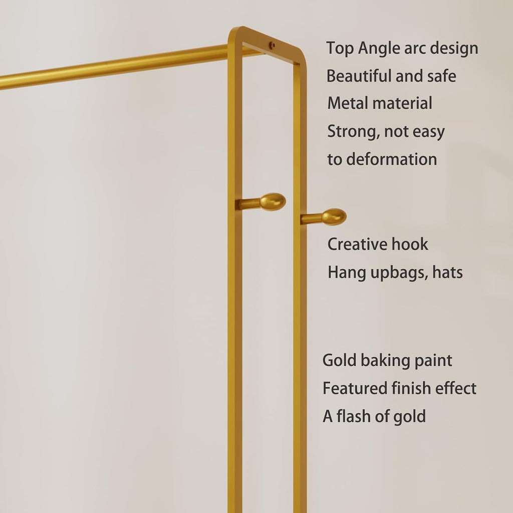 Gold Rolling Garment Rack with Shelves and Hooks,Freestanding Modern Clothing Rack with Wheels,Large Clothes Hanging Rack for Bedroom,Closet,Entryway,Wardrobe,Boutique Display
