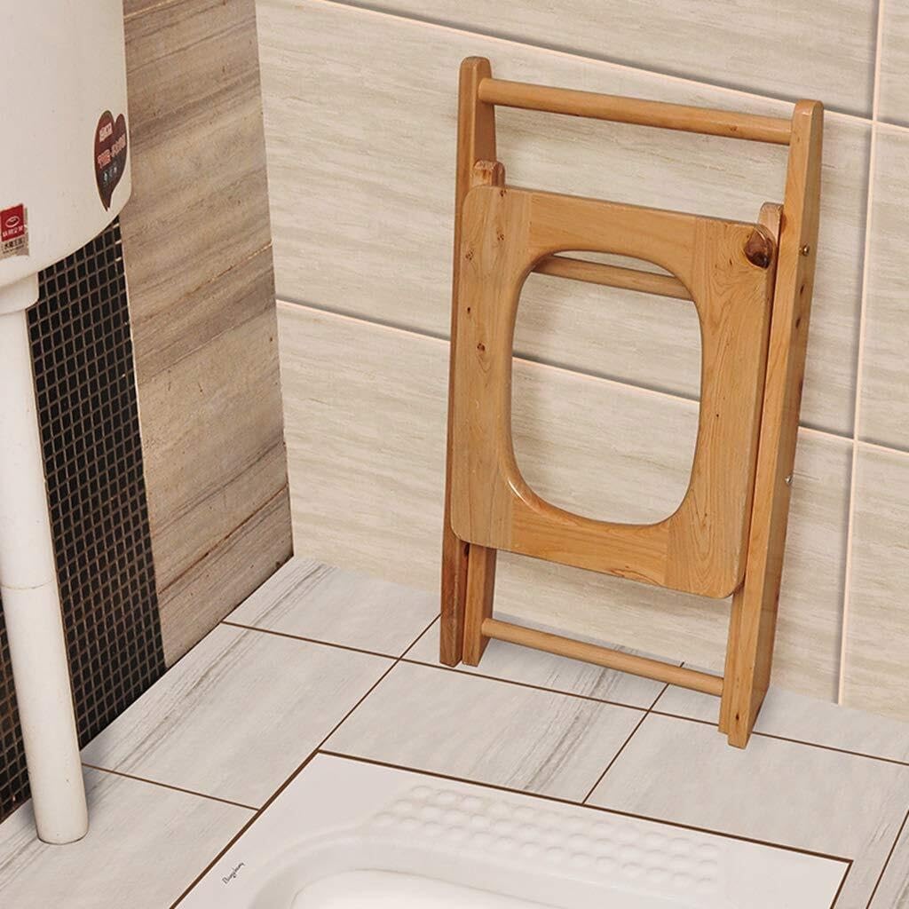 Folding Wooden Toilet Commode Chair with Bucket – Portable Bedside Potty & Shower Seat for Seniors Disabled Pregnant Women Easy to Clean Sturdy Comfortable