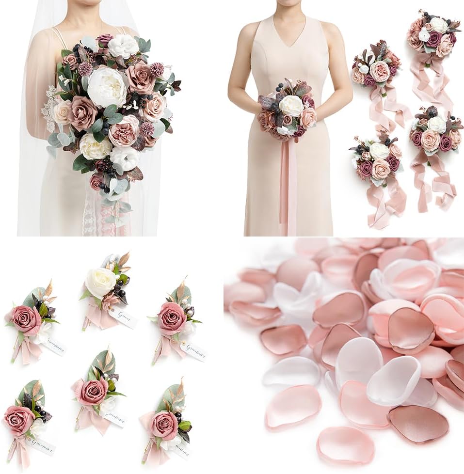 Ling's moment Wedding Artificial Flowers Package, Bridal Bouquet, Bridesmaid Bouquets, Boutonniere for Men, Rose Petals.Dusty Rose Muave