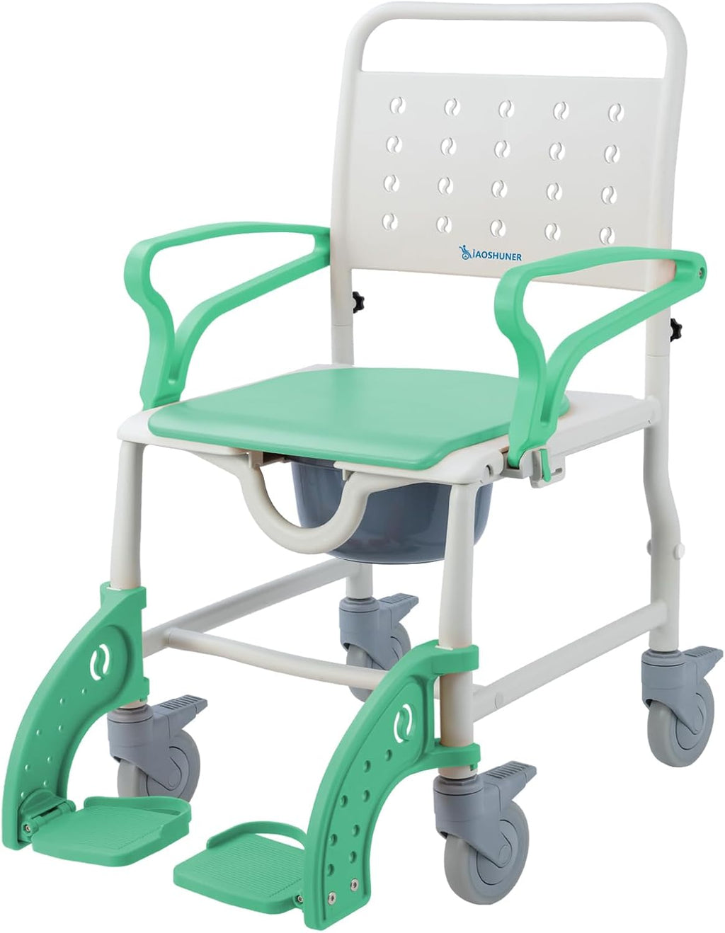 4 in 1 Rolling Shower Chair with Wheels for Elderly and Disabled, Shower Wheelchair with Flip-Up Arms & 4 Locking Wheels, Adjustable Footrests, Bedside Commode, Fits Over Toilet, Green