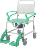 4 in 1 Rolling Shower Chair with Wheels for Elderly and Disabled, Shower Wheelchair with Flip-Up Arms & 4 Locking Wheels, Adjustable Footrests, Bedside Commode, Fits Over Toilet, Green