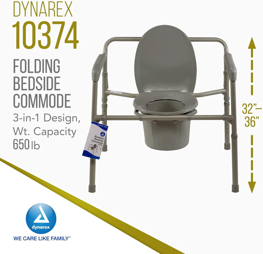 Dynarex Bariatric Folding Bedside Commode, 3 in 1 Portable Toilet Chair, Raised Toilet Seat and Toilet Safety Rail, 1 Commode