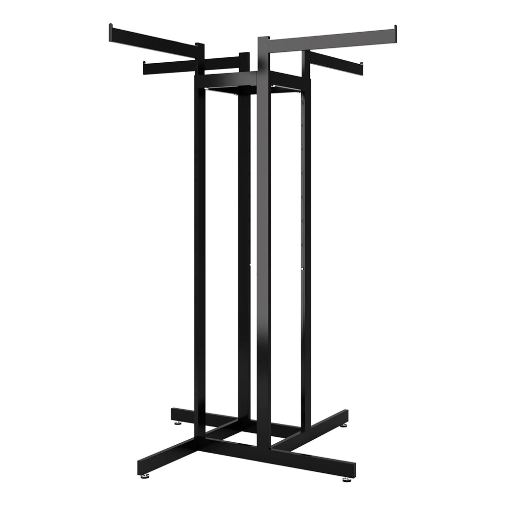 Clothing Rack – Black 4 Way Rack, Adjustable Height Arms, Blade Arms, Square Tubing, Perfect for Clothing Store Display With 4 Straight Arms