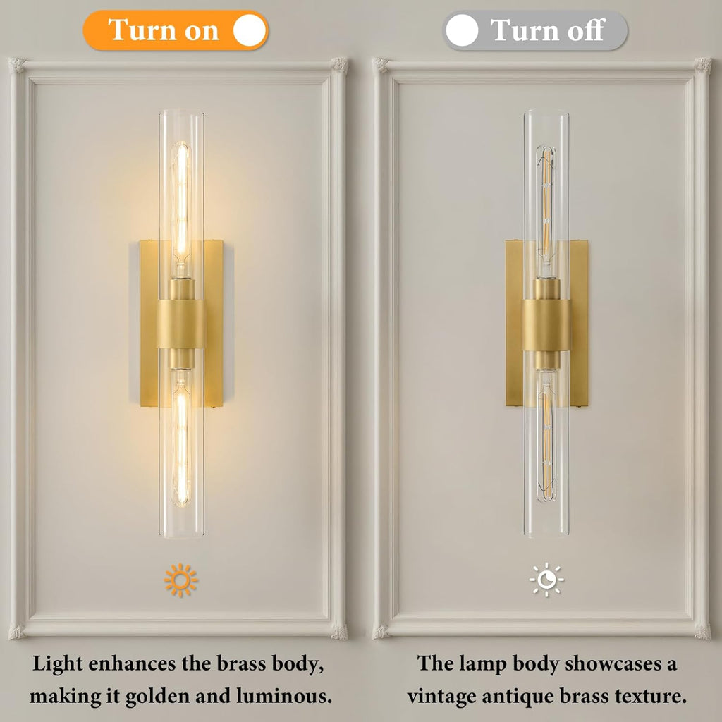 Gold Brass Bathroom Wall Sconce - Set of 2 Modern Long Linear Dimmable Sconces - Clear Glass Tube Vanity Light - Vertical or Horizontal Mounted Lighting Fixture for Indoor Bedroom Living Room Hallway