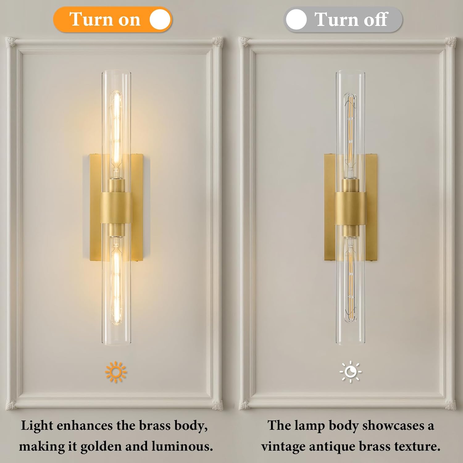 Gold Brass Bathroom Wall Sconce - Set of 2 Modern Long Linear Dimmable Sconces - Clear Glass Tube Vanity Light - Vertical or Horizontal Mounted Lighting Fixture for Indoor Bedroom Living Room Hallway