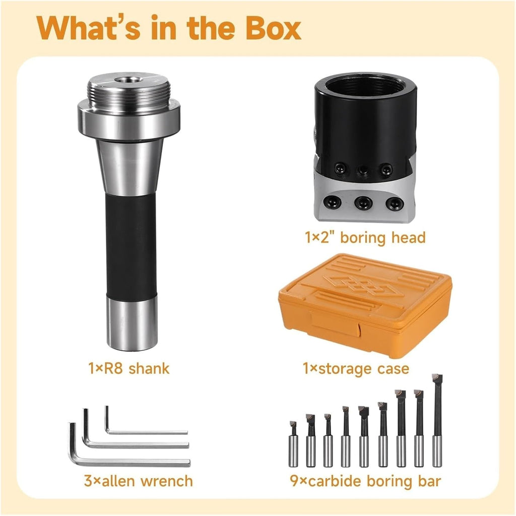 2' Boring Head Set Including A R8 Shank 1/2' Carbide Boring Bars Allen Wrenches Boring Head Milling Set Carry Case Lathe Tools