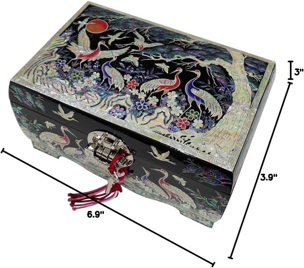 Mother of Pearl Birds Pine Tree Black Lacquer Wood Lock Jewelry Trinket Keepsake Treasure Box Case Chest