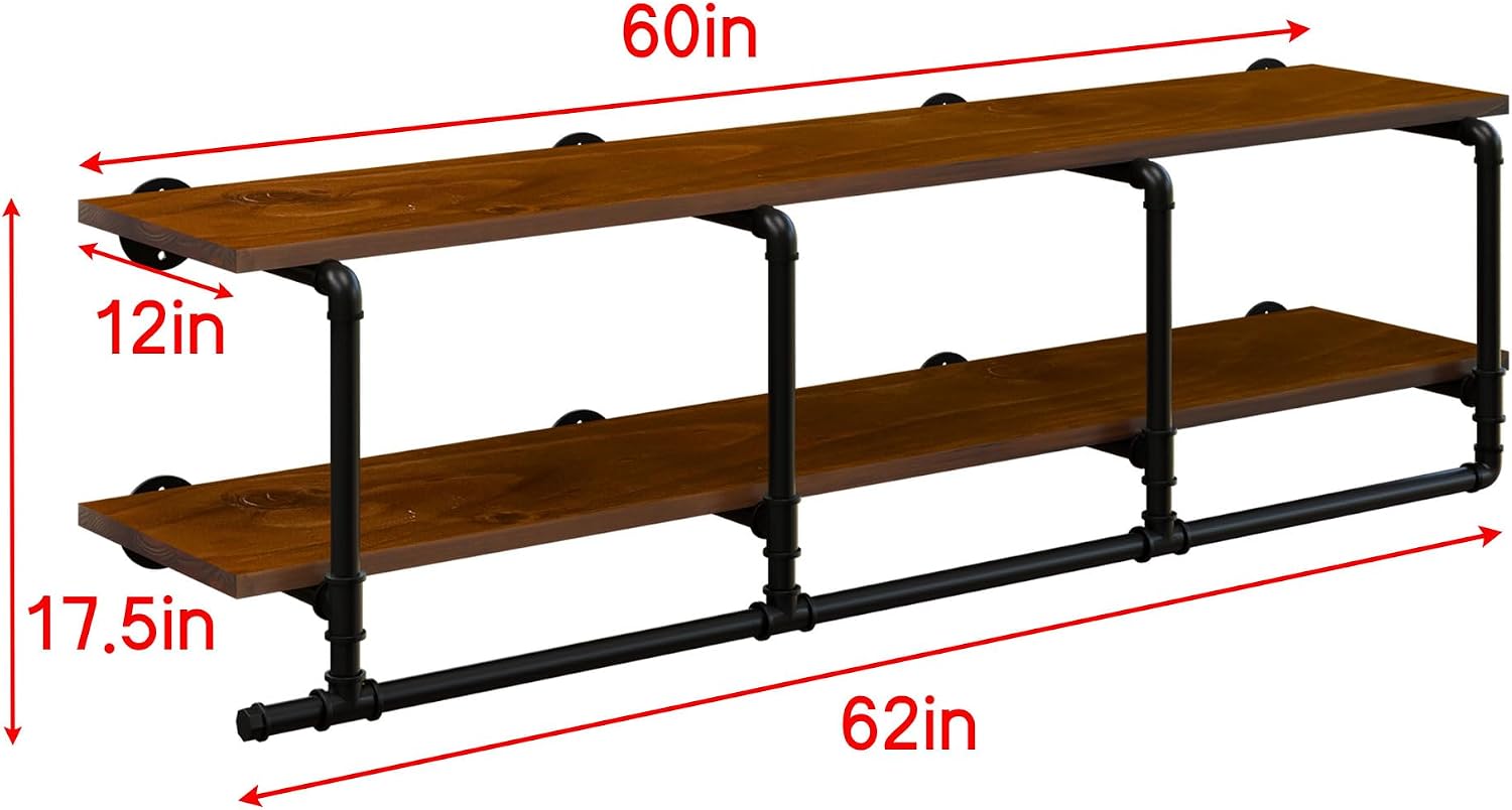 Wall Mounted Clothes Rack 12 Inch Deep, 60 Inch Heavy Duty Garment Rack with Real Walnut Wood Shelf, Multi-Purpose Hanging Rod & Space-Saving Closet Storage Organizer