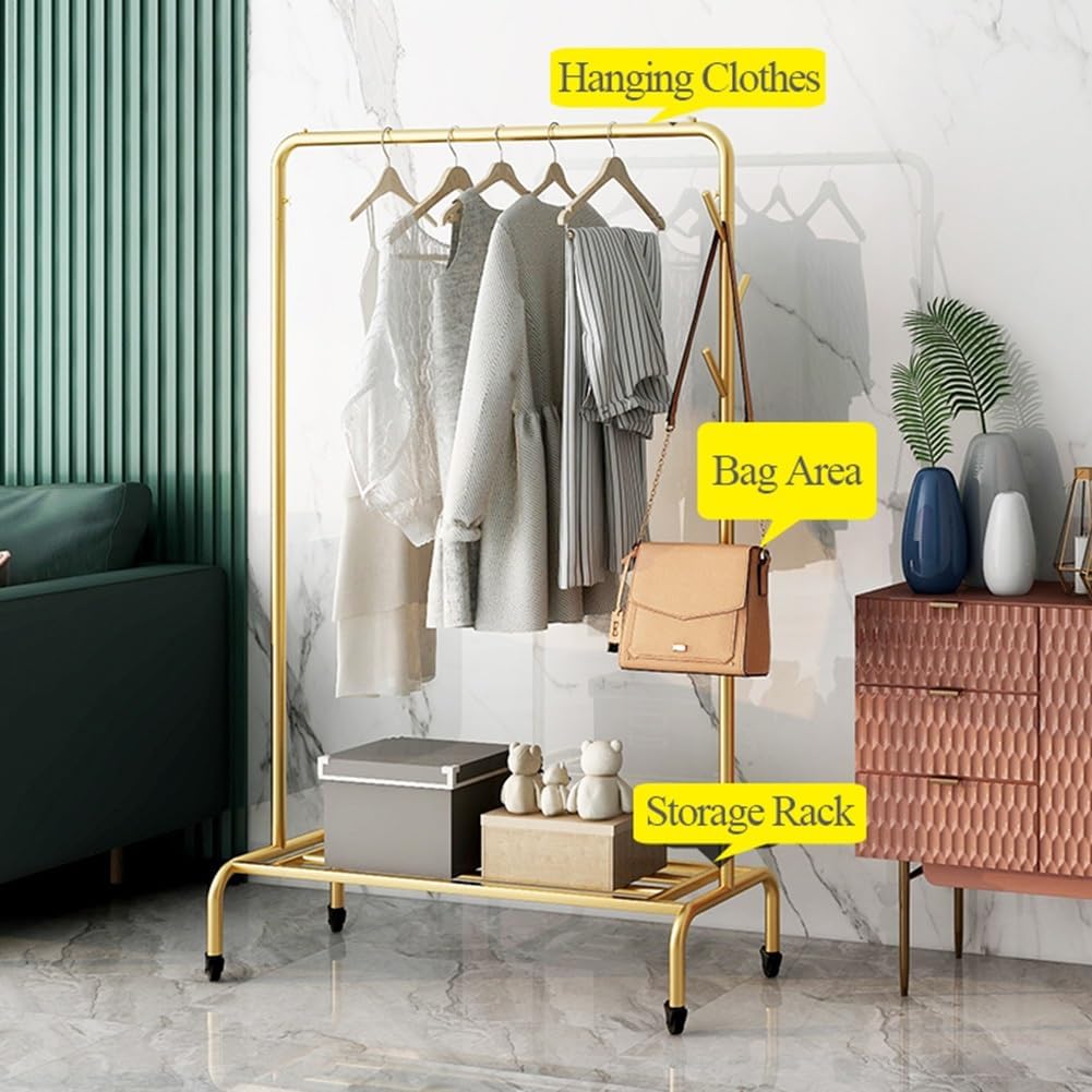 Heavy-Duty Rolling Garment Rack with Wheels, Side Hooks & Storage Shelf, High Capacity for Bedroom & Laundry Room Organization