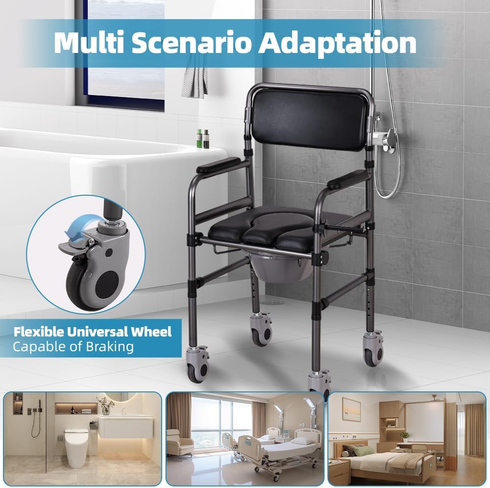 Bedside Commode Chair for Seniors, 3-in-1 Foldable Toilet Chair Wheels 400lbs Heavy Duty, Adjustable Shower Chair PU Seat Backrest, Portable Commode Elderly Disabled, Toilet-Round (OPEN TYPE)