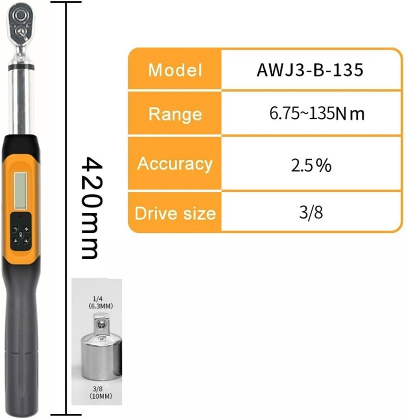 BIRAN Torque Wrench AWJ3-B-135N.M 135N.M Preset Digital Torque Wrench Hand Repair Tool(3/8 to 1/4 AWJ3-B-135)