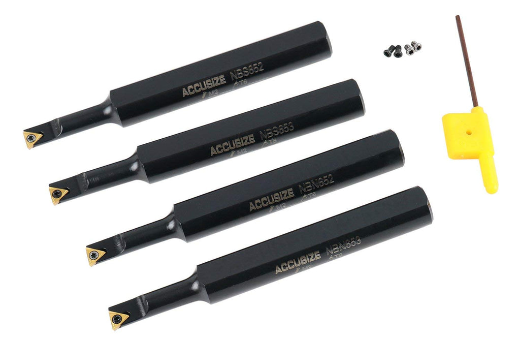 Accusize Industrial Tools Round Shank Indexable Boring Bar, 1/2 in | 4-Piece Mini Set, 95 Degree and 91 Degree Entry Angle, TiN Coated TCMT520 Inserts, EJ99-2178