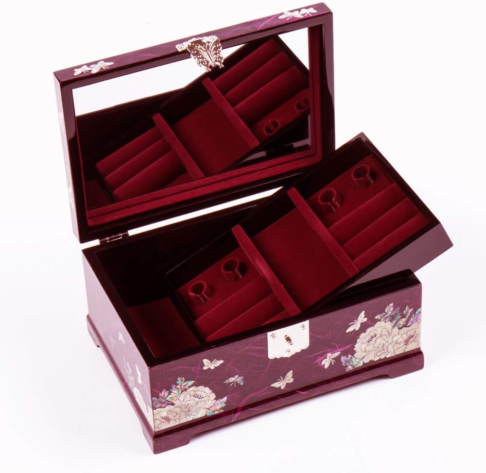 Antique Alive Mother of Pearl Inlay Design Jewelry Box, Wood Jewelry Box, Trinket Case, Keepsake Treasure Chest Box Organizer Holder (Pine Red)