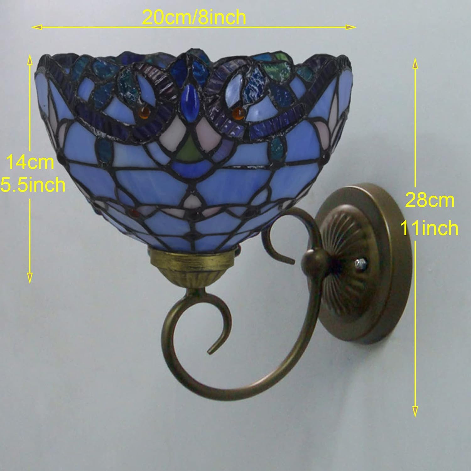Tiffany Wall Lamp Sconce Light Fixtures Set of Two, Wall Amout Lamp, 8 in Hand-Made Baroque Stained Glass Shade LED Wall Lights for Bedroom Living Room Hallway Kitchen,Blue,2PCS