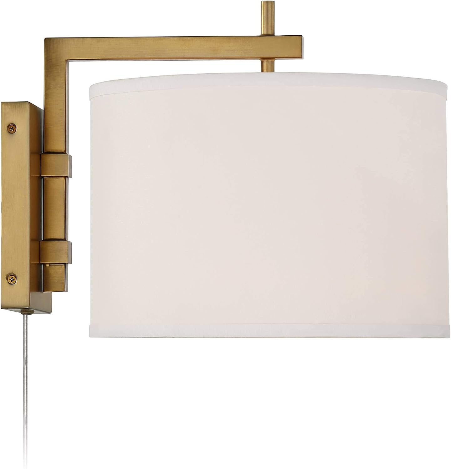 360 Lighting Adair Mid Century Modern Wall Mounted Lamp Warm Brass Metal Plug-in Light Fixture White Linen Drum Shade Bedroom Bedside House Reading Living Room Home Hallway Dining Kitchen
